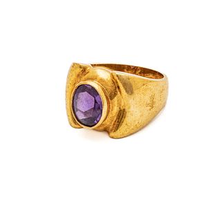 Gold And Amethyst Cabochon Ring, 14g Size: 9