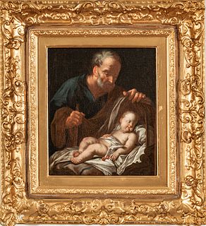 Italian School Oil On Canvas Mounted To Masonite, Ca. 18th C., St. Joseph Watching Over The Sleeping Christ Child, H 14.75" W 11.5"