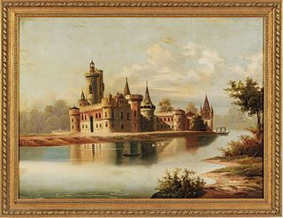 German Oil On Canvas, 19th C., Riverside Castle, H 29" W 38"