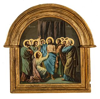 European Oil On Canvas Mounted To Board, Ca. 19th C., Doubting St. Thomas, H 19.75" W 17.75"