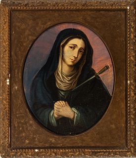 European Oil Silhouette On Canvas Mounted To Masonite Ca. Early 20th C., Our Lady Of Sorrows, H 24" W 19.5"