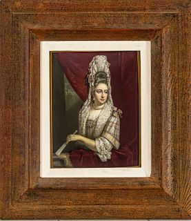 After Jan Van Der Vaart, Enamel Portrait On Copper Plate, Queen Mary II Of England, H 9.7" W 7.5"