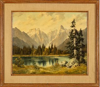 Meyer, (German, B. 1890) Ca. 1950, Alpine Lake, H 19" W 23"