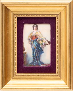 Painting On Enamel, Lady With Flower Basket H 5.2" W 3.2"