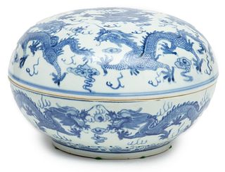 Chinese Round Covered Blue On White Dragon Bowl H 7" Dia. 10.5"