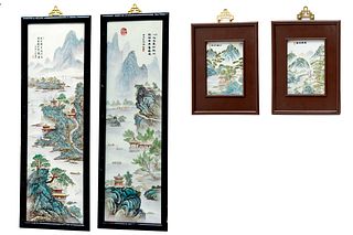 Chinese Porcelain Tiles, 19th C., Mountain Landscapes, 4 pcs