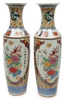 Chinese Palace-size Porcelain Vases, 21st C., Exotic Birds In Chrysanthemum Blossoms, H 49.5" Dia. 13.5" 1 Pair
