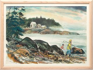 Karl Firth (American, B. 1911) Watercolor And Gouache Ca. 1945, Maine Scene, H 19" W 27"