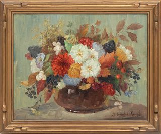 Kempf, (Austria) Oil On Canvas Ca. 1960, Flower Bouquet, H 15.75" W 19.75"