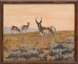 Bernard Keyes (American, 1898-1973) Oil On Canvas Board, Pronghorns At Sunset, H 15.75" W 19.75"