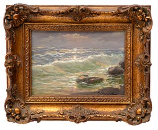 Mazzolini, Oil On Board Seascape, Surf Approaching Rocks And Shore, H 5" W 7"