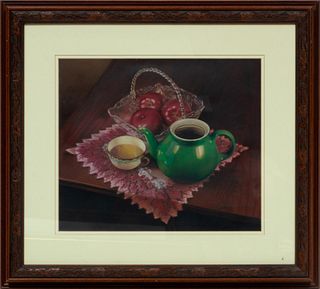 Jill L. Kline, Serigraph With Handcoloring On Wove Paper,  1998, Still Life Of Apples And Tea, H 16.25" W 13.75"