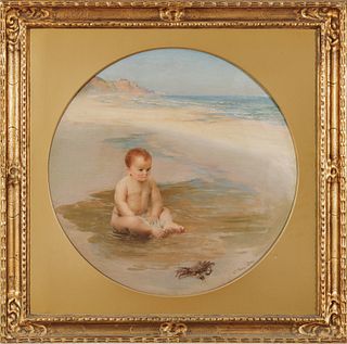 Walter Percy Day O.B.E. (English, 1878-1965) Oil On Canvas, Early 20th C., Child At The Shore, Dia. 19.5"