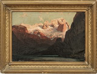German Oil On Canvas, 19th C., Alpine Mountain Landscape, H 14" W 20"