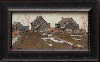 Anatoly Iwanowitsch Kojewnikow (Russian, B. 1917) Oil On Artist Board, H 6", W 12", "Last Snow"