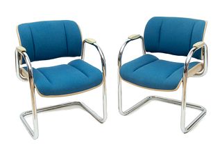 Harter Corp. (Sturgis, Michigan) Upholstered Plastic & Chromed Steel Armchairs, Ca. 1970, H 31.5" W 24" Depth 24" 1 Pair
