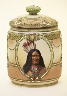 Nippon (Japanese) Porcelain Chief Red Cloud Humidor H 5.5" Dia. 4"
