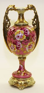 Nippon Porcelain Double-Handled Vase, H 13.5" Dia. 6"