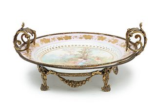 French Painted Porcelain Centerpiece Bowl, Bronze Mounted, 19th C., H 6" Dia. 14"