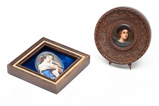 Miniature Portraits On Porcelain, After Franz Hals & Young Beauty 19th.c., H 2.7" W 1.2" 2 pcs