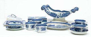 Chinese Canton & English Ironstone Cheese Cradle, Dishes, Cups, Saucers & Covered Box, Ca. 18/19th C., H 6.5" W 5.5" L 15" 14 pcs