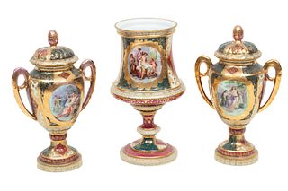 Austrian Porcelain Garniture Set, Late 19th/early 20th C., 3 Pieces, H 10" Dia. 5"
