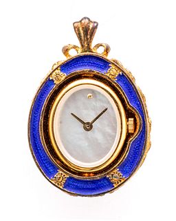 Faberge For Franklin Mint, Enamel And Gilded Sterling Silver Timepiece Pendant, H 1.5" W 1" Depth 0.5" 24g