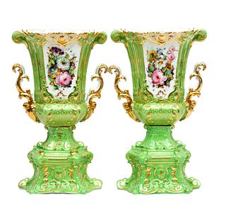 Pair of English Apple Green Porcelain Tapered Vases H 15.5"
