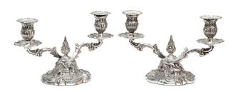 French Rococo Style Silver Plate Candlesticks, H 7" W 3.75" L 10.5" 1 Pair