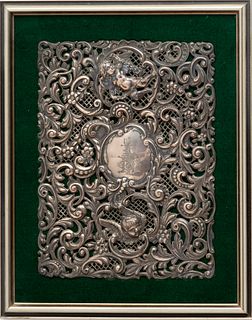 English Sterling Silver Repousse Portfolio Cover, Framed On Velvet, H 11.5" W 8.25"
