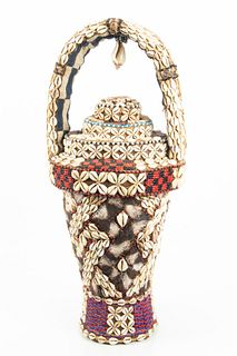 Kuba Peoples, Democratic Republic Of Congo, Covered Vessel With Cowrie Shells, H 22.5" Dia 10"