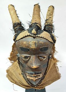 Pende Peoples, Democratic Republic Of Congo, Carved Wood, Polychrome, Fiber, And Rafia Headdress, H 20", W 9", D 7"
