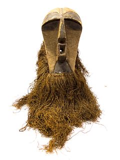 Songye Peoples, Democratic Republic Of Congo, Polychrome Carved Wood And Raffia Mask (Kifwebe) H 12", W 7"