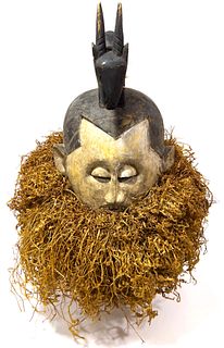 Suku Peoples, Democratic Republic Of Congo, Polychromed Carved Wood And Raffia Helmet Mask (Hemba) H 17", W 10"