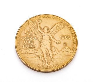 1981 Mexico 1/2 Onza Gold Coin, Dia. 1" 17g