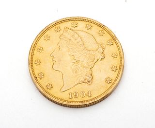 1904 S U.S. $20 Liberty Head Double Eagle Gold Coin, Dia. 1.25" 33g