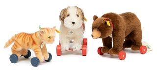 Steiff Mohair Stuffed Animals: Abby Katze, Molly Hund, Bar Rader, H 10" L 10" 3 pcs