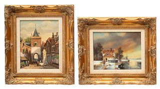 Dutch Oils On Canvas Mid 20th C., City Scene And Landscapes, 3 pcs