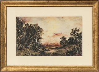 American Watercolor On Paper, Ca. 1900-1920, Sunset On A Forest Lake, H 12" W 20"