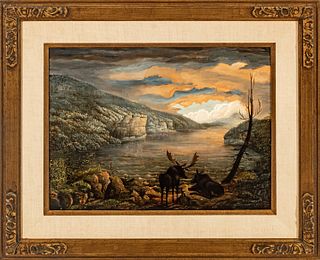 American Primitive Oil On Canvas, Ca. 19th Century, Moose Resting By A Moonlit Lake., H 18" W 24"