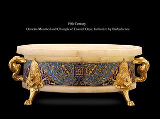 19th C. French Barbedienne Champleve Enamel Ormolu-Mounted Onyx Jardiniere/Centerpiece