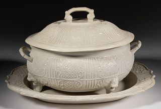ENGLISH WHITE SALT-GLAZED STONEWARE TRIPODAL COVERED SOUP TUREEN WITH STAND