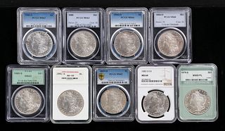 Nine graded UNC Morgan Silver Dollars