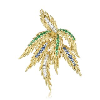 Emerald Sapphire and Diamond Gold Brooch, French