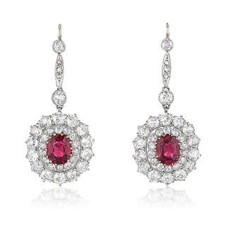 Antique Ruby and Diamond Cluster Earrings