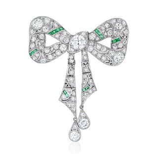Edwardian Emerald and Diamond Bow Brooch
