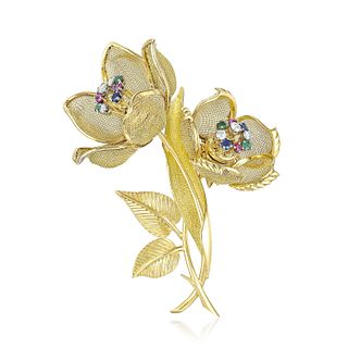 Twin Day and Night Flower Multi-Gemstone Brooch, French