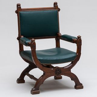 Victorian Carved Oak and Green Leather Curule Chair, Gillows of Lancaster