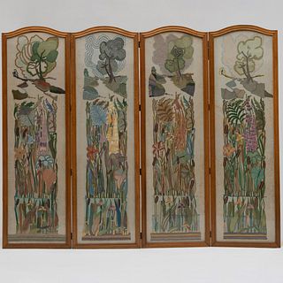 Floral Wool Embroidered Linen and Oak Four Panel Screen, Designed by Kathleen Harris