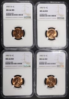 (4) 1957-D LINCOLN CENT NGC MS66 RD